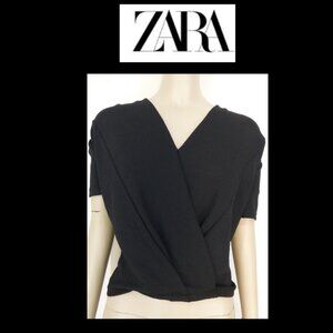 Zara Trafaluc Deep V-Neck, Faux Wrap Black Top